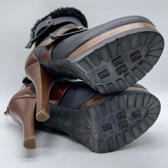 Fendi Moorland Two Tone Black Brown Leather Shearling Ankle Bootie Size 36.5 6.5 - Picture 14 of 15